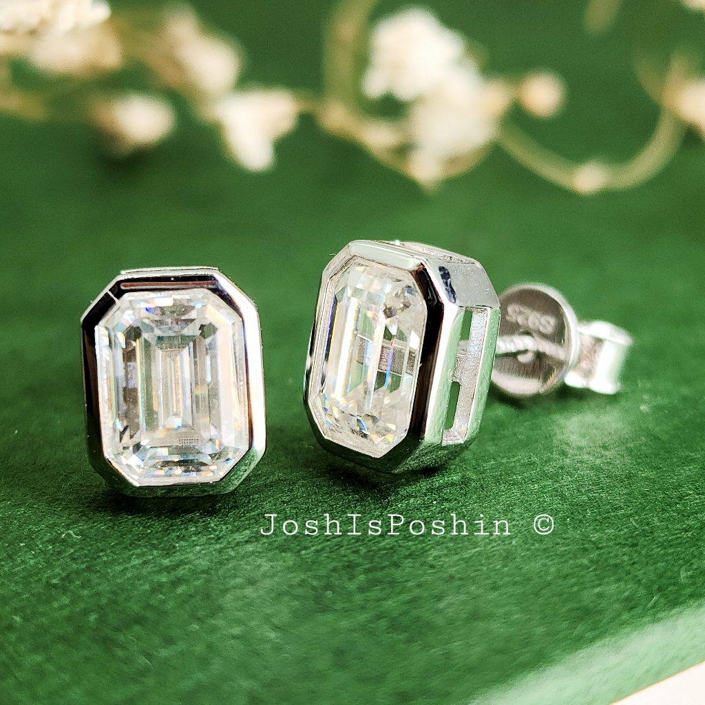 Moissanite Emerald Shape Bezel Stud Earrings In Sterling Silver